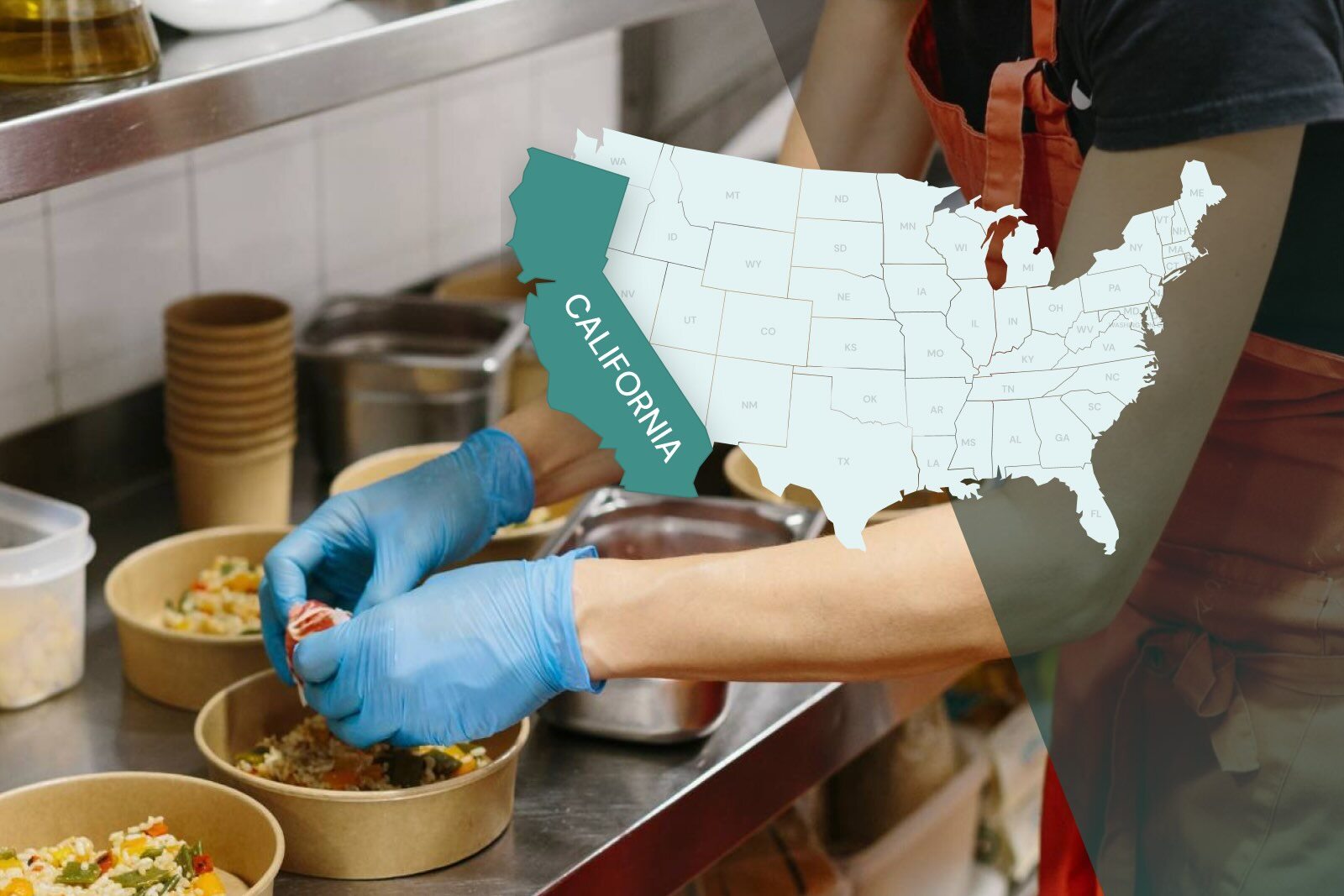 Food worker packing a meal with an overlay of a map that highlights California