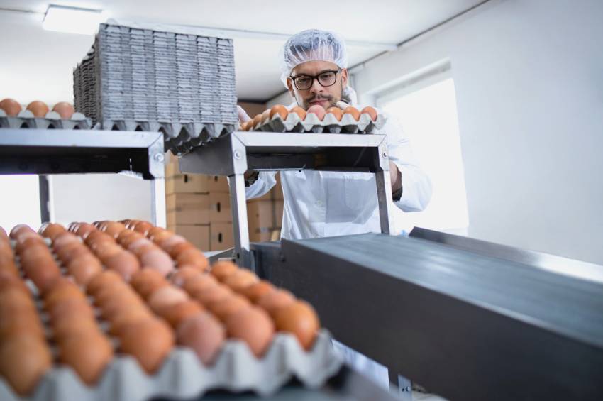 Foodservice worker preparing eggs for safe distribution