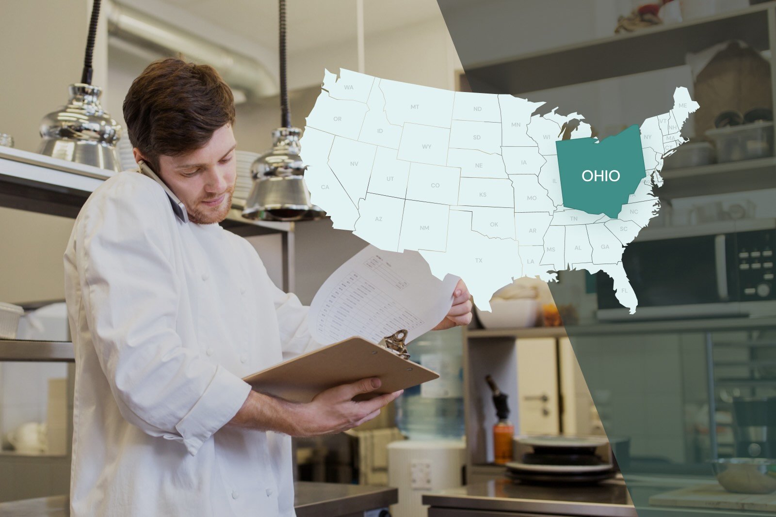 Food manager holding a clipboard in a kitchen with a map of the US that highlights Ohio